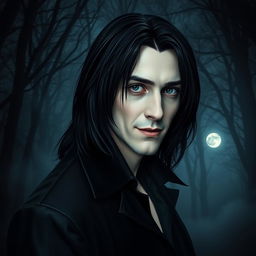 A realistic photograph of a vampire with medium-long black hair, gray eyes, and pale skin, depicted in a half-length portrait