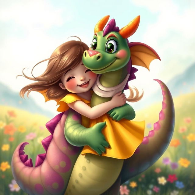 A whimsical and heartwarming scene featuring a friendly, colorful dragon gently hugging a little girl