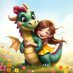 A whimsical and heartwarming scene featuring a friendly, colorful dragon gently hugging a little girl