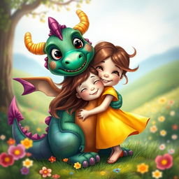 A whimsical and heartwarming scene featuring a friendly, colorful dragon gently hugging a little girl