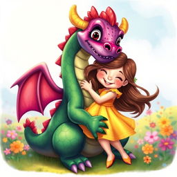 A whimsical and heartwarming scene featuring a friendly, colorful dragon gently hugging a little girl