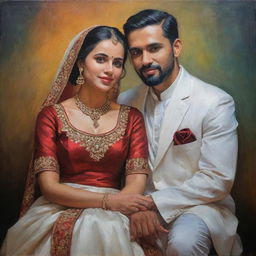 A recently married couple posing in sophisticated clothing, their affection captured through the richness of colour, depth, and the detailed brushwork characteristic of a traditional oil painting.