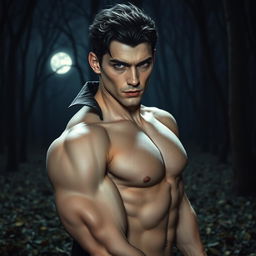 A striking presentation of a vampire with short black hair, piercing gray eyes, and pale skin