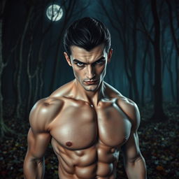A striking presentation of a vampire with short black hair, piercing gray eyes, and pale skin