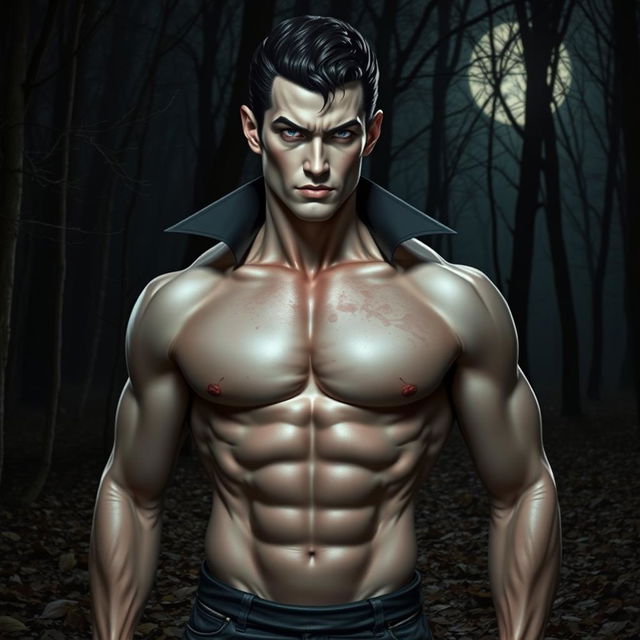 A striking presentation of a vampire with short black hair, piercing gray eyes, and pale skin