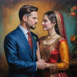 A recently married couple posing in sophisticated clothing, their affection captured through the richness of colour, depth, and the detailed brushwork characteristic of a traditional oil painting.