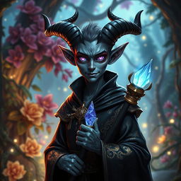 A Tiefling warlock with striking grey skin, standing confidently in a mystical forest