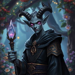 A Tiefling warlock with striking grey skin, standing confidently in a mystical forest