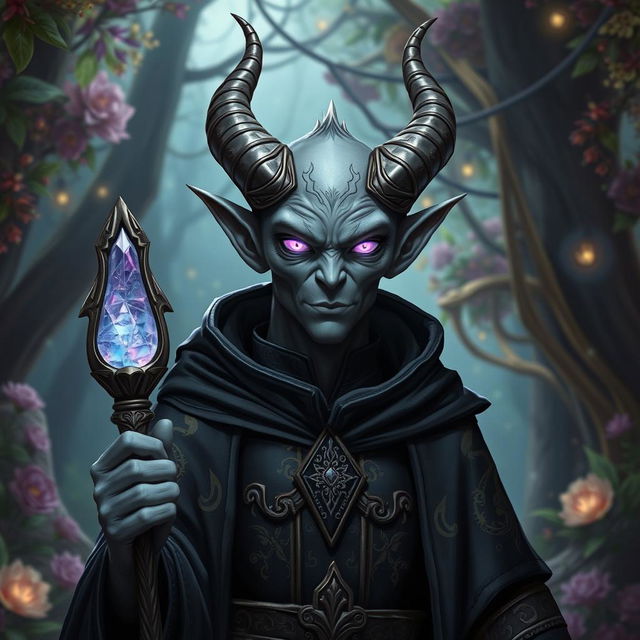 A Tiefling warlock with striking grey skin, standing confidently in a mystical forest