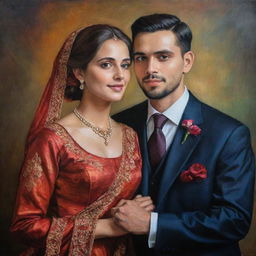 A recently married couple posing in sophisticated clothing, their affection captured through the richness of colour, depth, and the detailed brushwork characteristic of a traditional oil painting.