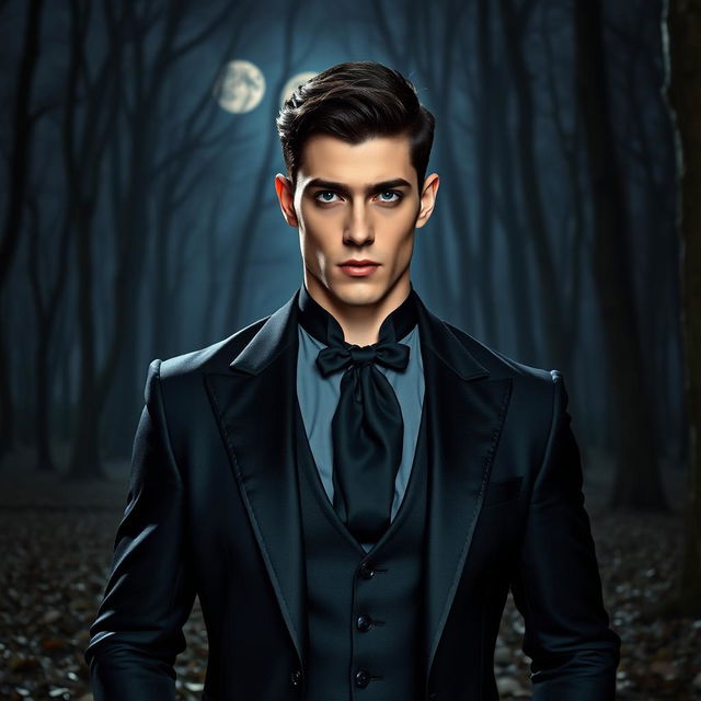 A striking presentation of a vampire with short black hair, gray eyes, and pale skin