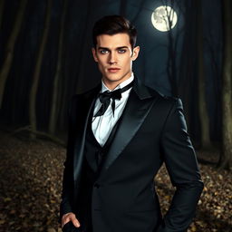 A striking presentation of a vampire with short black hair, gray eyes, and pale skin