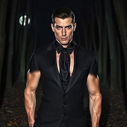 A striking presentation of a vampire with short black hair, gray eyes, and pale skin