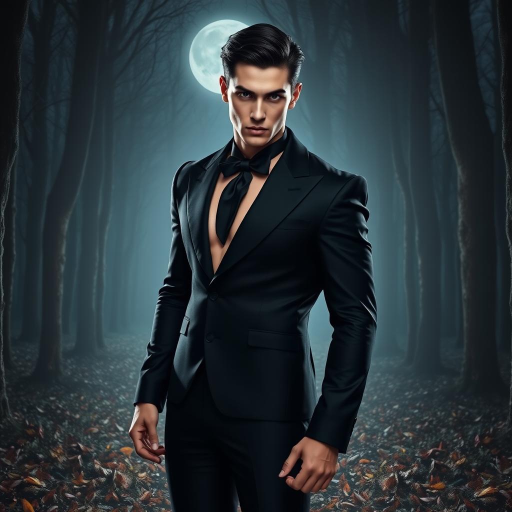 A striking presentation of a vampire with short black hair, gray eyes, and pale skin