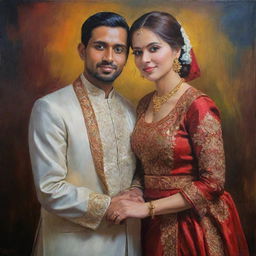 A recently married couple posing in sophisticated clothing, their affection captured through the richness of colour, depth, and the detailed brushwork characteristic of a traditional oil painting.