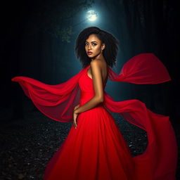 A captivating presentation of a woman with caramel skin, deep brown eyes, and curly black hair that frames her thin face beautifully