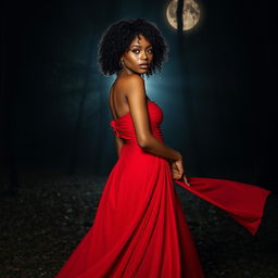 A captivating presentation of a woman with caramel skin, deep brown eyes, and curly black hair that frames her thin face beautifully