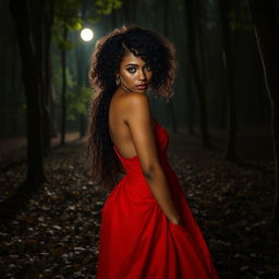 A captivating presentation of a woman with caramel skin, warm brown eyes, and curly black hair that beautifully frames her thin face