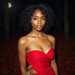 A beautiful presentation of a woman with smooth caramel skin, captivating brown eyes, and curly black hair that cascades around her thin face