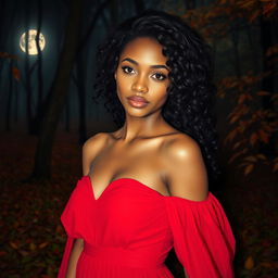 A beautiful presentation of a woman with smooth caramel skin, captivating brown eyes, and curly black hair that cascades around her thin face