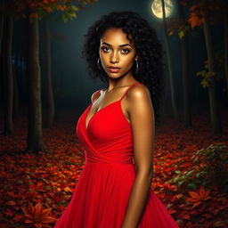 A beautiful presentation of a woman with smooth caramel skin, captivating brown eyes, and curly black hair that cascades around her thin face