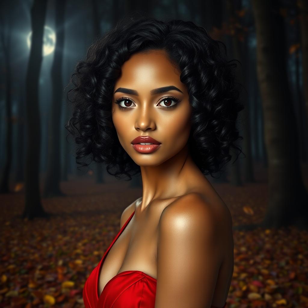 An enchanting presentation of a woman with radiant caramel skin, warm brown eyes, and curly black hair that elegantly frames her thin face