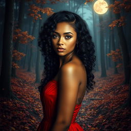 An enchanting presentation of a woman with radiant caramel skin, warm brown eyes, and curly black hair that elegantly frames her thin face
