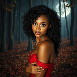 An enchanting presentation of a woman with radiant caramel skin, warm brown eyes, and curly black hair that elegantly frames her thin face