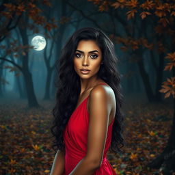 A stunning presentation of a woman with rich caramel skin, expressive brown eyes, and long medium curly black hair that gracefully frames her thin face