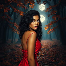 A stunning presentation of a woman with rich caramel skin, expressive brown eyes, and long medium curly black hair that gracefully frames her thin face
