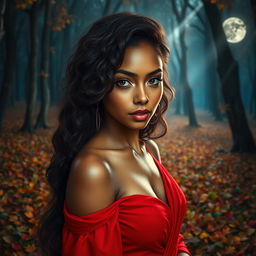 A stunning presentation of a woman with rich caramel skin, expressive brown eyes, and long medium curly black hair that gracefully frames her thin face