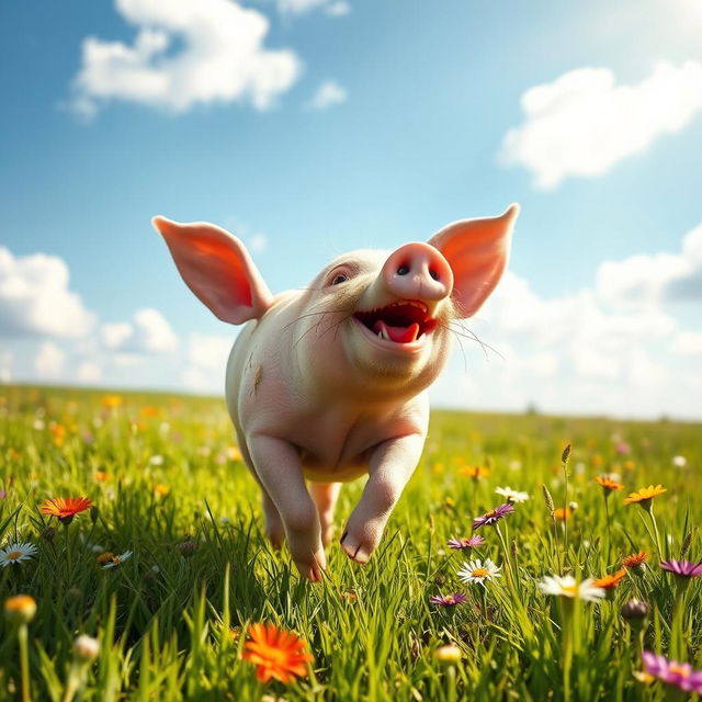 A lively scene depicting a happy pig joyfully running through a sunlit green meadow