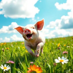 A lively scene depicting a happy pig joyfully running through a sunlit green meadow