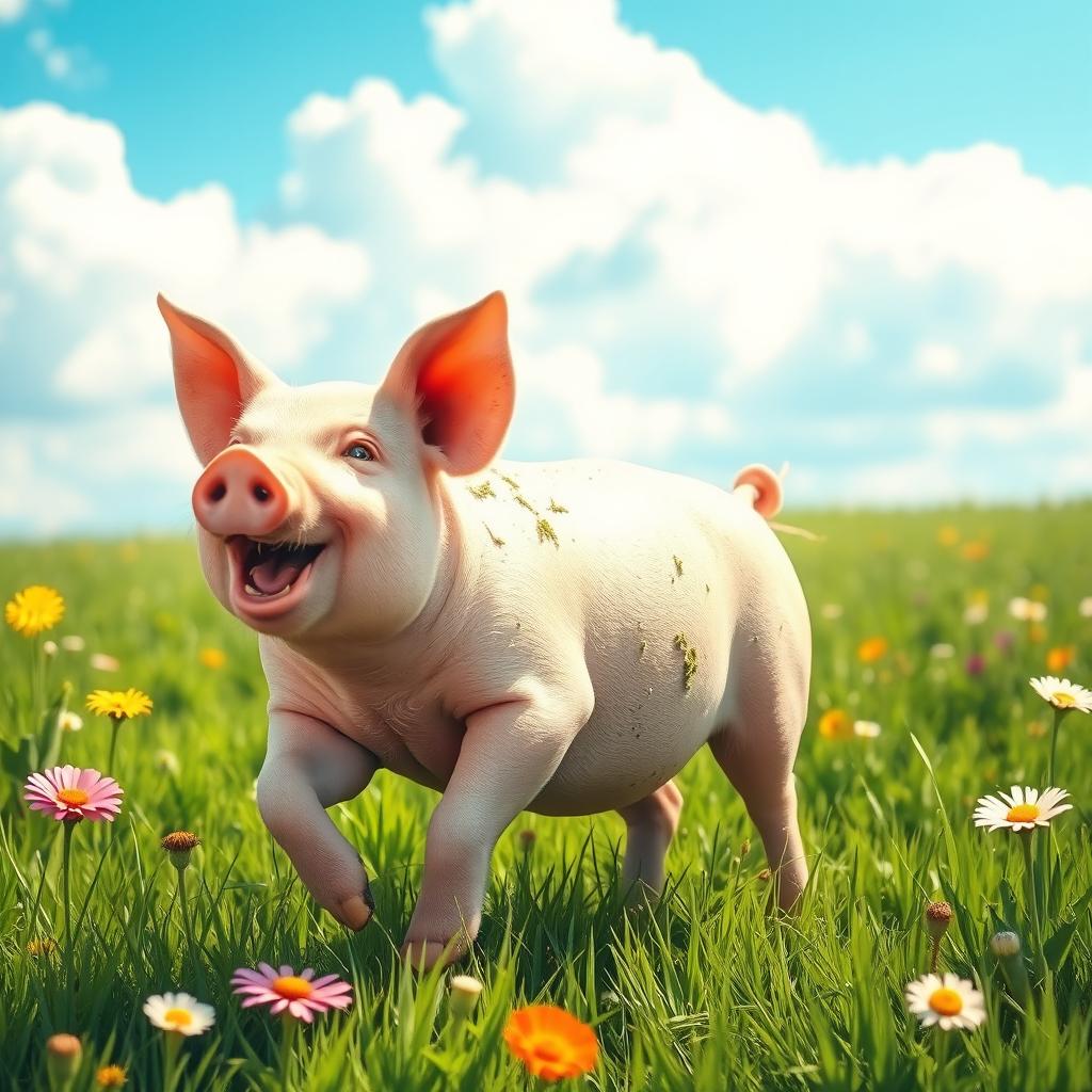 A lively scene depicting a happy pig joyfully running through a sunlit green meadow