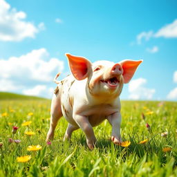 A lively scene depicting a happy pig joyfully running through a sunlit green meadow