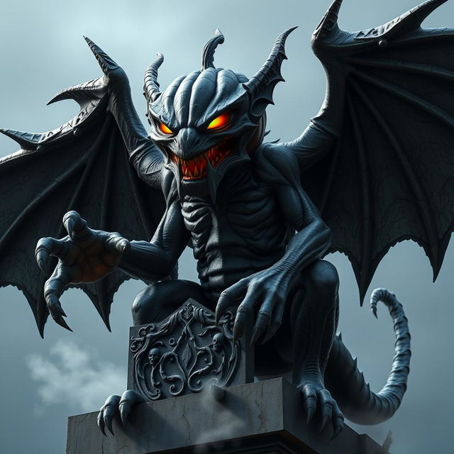 A massive Halloween Gargoyle made of dark, jagged stone, featuring twisted and angular features that create an unsettling grin