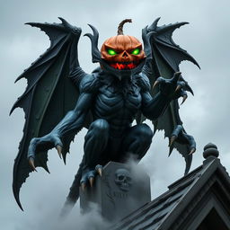 A massive Halloween Gargoyle made of dark, jagged stone, featuring twisted and angular features that create an unsettling grin