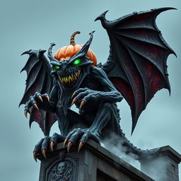 A massive Halloween Gargoyle made of dark, jagged stone, featuring twisted and angular features that create an unsettling grin