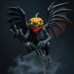 A massive Halloween Gargoyle made of dark, jagged stone, featuring twisted and angular features that create an unsettling grin