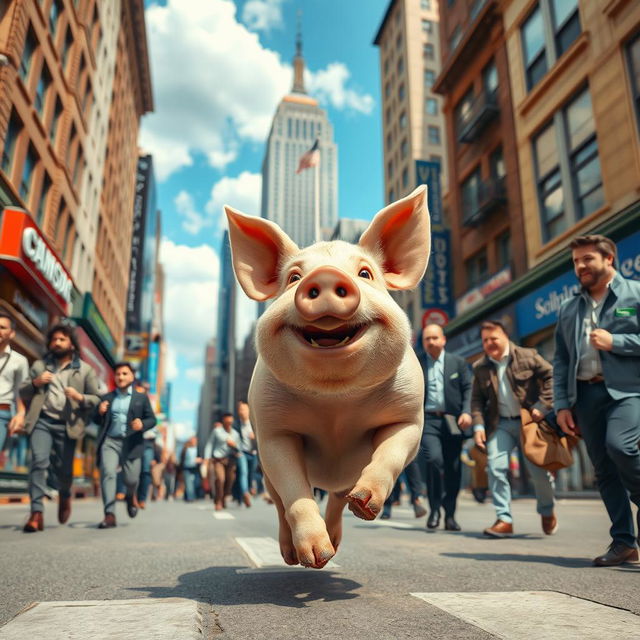 A whimsical scene of a lively pig running joyfully through a bustling city filled with men