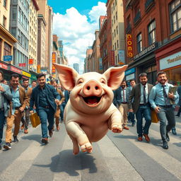 A whimsical scene of a lively pig running joyfully through a bustling city filled with men