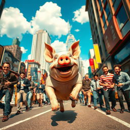 A whimsical scene of a lively pig running joyfully through a bustling city filled with men