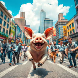 A whimsical scene of a lively pig running joyfully through a bustling city filled with men