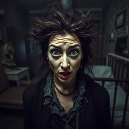 A Victorian woman in a mental hospital, featuring a chaotic and wild expression on her face, with unkempt hair and tattered clothing