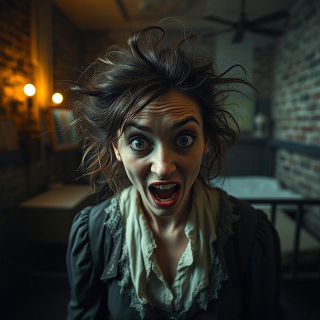 A Victorian woman in a mental hospital, featuring a chaotic and wild expression on her face, with unkempt hair and tattered clothing