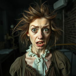 A Victorian woman in a mental hospital, featuring a chaotic and wild expression on her face, with unkempt hair and tattered clothing