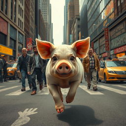 A sad pig running through a bustling city filled with men
