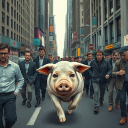 A sad pig running through a bustling city filled with men