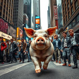 A sad pig running through a bustling city filled with men