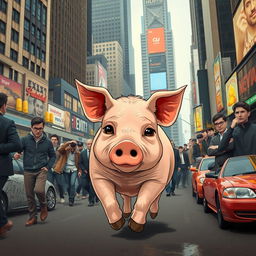 A sad pig running through a bustling city filled with men